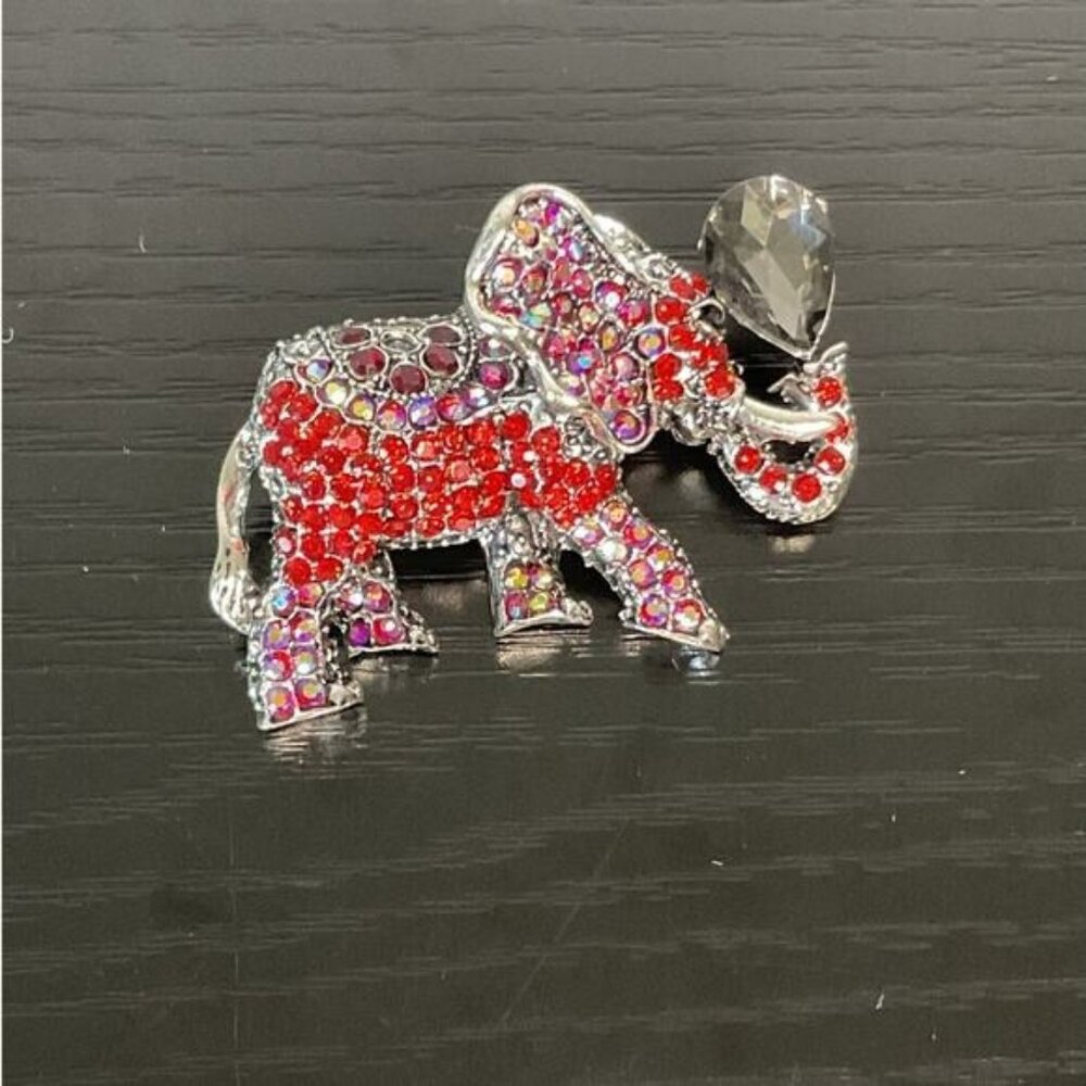 Red & Silver Rhinestone Elephant Brooch Pin
